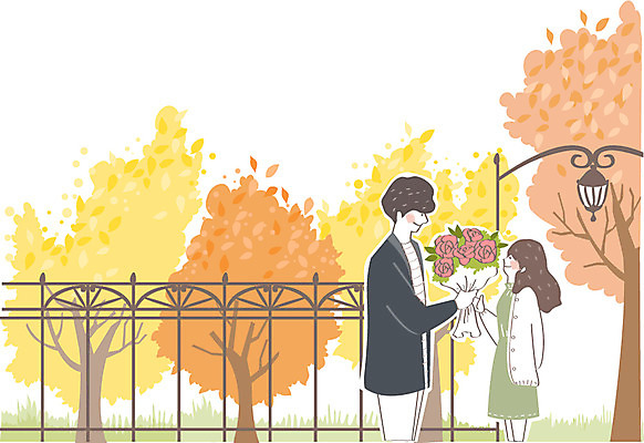 나무 식물 커플 계절 공원 여자 남자 행복 여유 꽃다발 백그라운드 프로포즈 일러스트 함께함 선물 사랑 사람 풍경 상반신 성인 야외 두명 마주보기 가을풍경 가을 성인만 가을배경 국내일러스트 AI파일 공공시설 꽃 감정 컨셉 관계 모션 파일형식 벡터 가을_계절