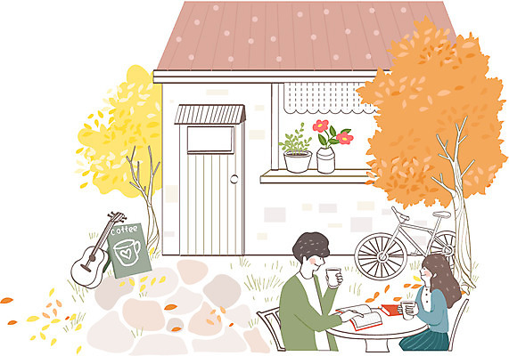 나무 식물 커플 계절 여자 남자 행복 화분 여유 커피 백그라운드 낙엽 의자 일러스트 탁자 함께함 사랑 사람 앉기 풍경 상반신 성인 야외 두명 건물 책 가을풍경 자전거 카페 가을 기타 성인만 가을배경 국내일러스트 AI파일 건축물 감정 음료 가구 컨셉 잎 관계 모션 현악기 상점 바이크 파일형식 벡터 가을_계절