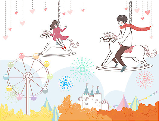 전신 나무 식물 커플 계절 여자 남자 행복 여유 백그라운드 일러스트 함께함 폭죽 사랑 사람 풍경 성인 야외 두명 가을풍경 놀이공원 가을 하트 목마 놀이기구 대관람차 회전목마 성인만 가을배경 국내일러스트 AI파일 모양 감정 컨셉 관계 테마파크 파일형식 벡터 가을_계절