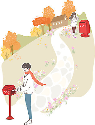 전신 나무 식물 커플 계절 여자 남자 꽃 행복 길 여유 백그라운드 일러스트 주택 함께함 사랑 서기 사람 풍경 성인 야외 두명 가을풍경 우체통 가을 편지 성인만 가을배경 국내일러스트 AI파일 감정 컨셉 관계 모션 건물 파일형식 벡터 가을_계절