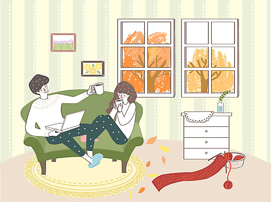 전신 나무 식물 커플 계절 여자 남자 행복 여유 커피 액자 백그라운드 낙엽 일러스트 창문 집안 휴식 함께함 실내 사랑 사람 앉기 풍경 성인 두명 노트북 소파 목도리 가을 실타래 성인만 가을배경 국내일러스트 AI파일 잡화 감정 음료 컨셉 잎 의자 관계 모션 내부 전자제품 파일형식 벡터 가을_계절