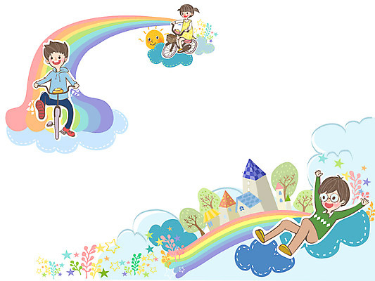 나무 식물 구름 여자 어린이교육 교육 남자 어린이 백그라운드 무지개 일러스트 프레임 사람 건물 세명 태양 자전거 어린이만 국내일러스트 AI파일 자연요소 건축물 바이크 파일형식 벡터