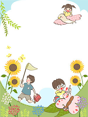 식물 여자 어린이교육 교육 남자 어린이 나비 백그라운드 일러스트 해바라기 프레임 사람 세명 체험학습 참새 채집망 어린이만 국내일러스트 AI파일 꽃 곤충 조류 체험 파일형식 벡터