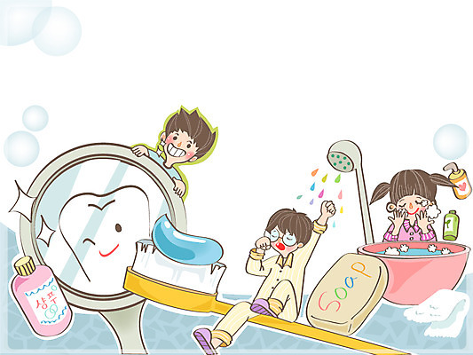 여자 어린이교육 교육 남자 어린이 백그라운드 일러스트 프레임 사람 세명 청결 거울 물방울 치아 세수 칫솔 비누 치약 샴푸 어린이만 국내일러스트 AI파일 위생용품 소화기관 위생 파일형식 벡터