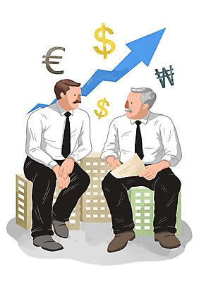 전신 PSD 남자 화살표 중년 일러스트 비즈니스 그래프 사람 앉기 정장 성인 두명 건물 경제 마주보기 달러 유로 도시 비즈니스맨 방향 상승 남자만 성인남자만 중년만 중년남자만 성인만 국내일러스트 건축물 옷 컨셉 돈 모션 직장인 파일형식