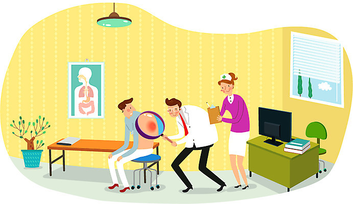 여자 남자 일러스트 돋보기 건강 병원 사람 성인 치료 세명 진료 환자 간호사 의사 도움 보호 트러블 피부과 성인만 국내일러스트 AI파일 컨셉 의학 의료진 파일형식 벡터