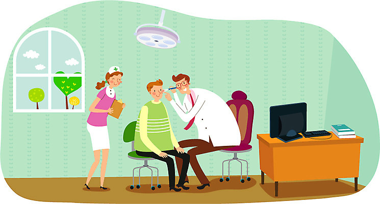 여자 남자 의자 일러스트 창문 건강 병원 사람 성인 치료 세명 컴퓨터 진료 환자 간호사 의사 도움 보호 책상 이비인후과 성인만 국내일러스트 AI파일 가구 컨셉 의학 전자제품 의료진 파일형식 벡터