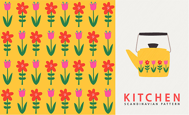 디자인 꽃 백그라운드 무늬 꽃무늬 패턴 일러스트 자연 주전자 주방용품 북유럽 북유럽스타일 사람없음 주방 패턴백그라운드 오브젝트 국내일러스트 AI파일 식물 유럽 생활용품 생태계 스타일 파일형식 벡터
