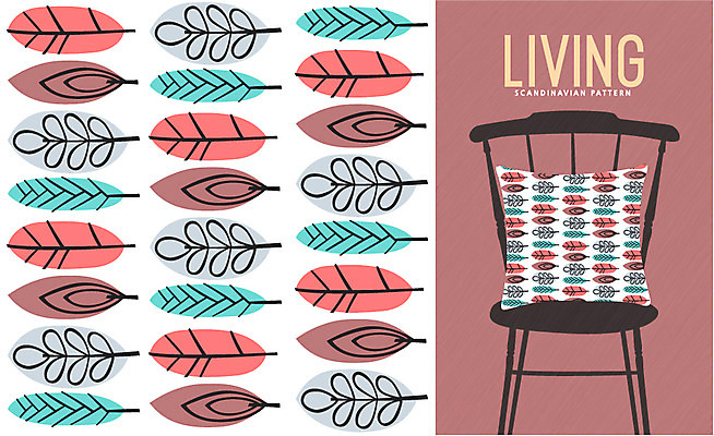 디자인 백그라운드 쿠션 무늬 패턴 의자 일러스트 자연 나뭇잎 북유럽 북유럽스타일 사람없음 패턴백그라운드 오브젝트 리빙 국내일러스트 AI파일 유럽 가구 잎 생태계 스타일 파일형식 벡터