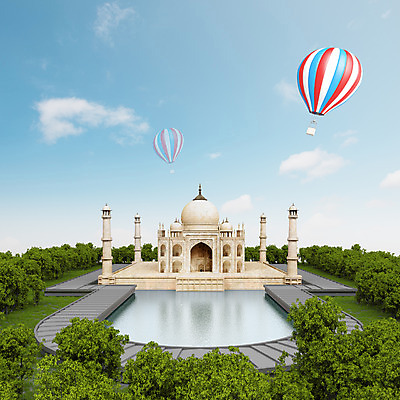PSD 나무 구름 편집 편집이미지 여행 하늘 사람없음 관광지 3D 열기구 인도 타지마할 편집3D 자연요소 식물 아시아 항공교통 세계문화유산 디지털합성 파일형식