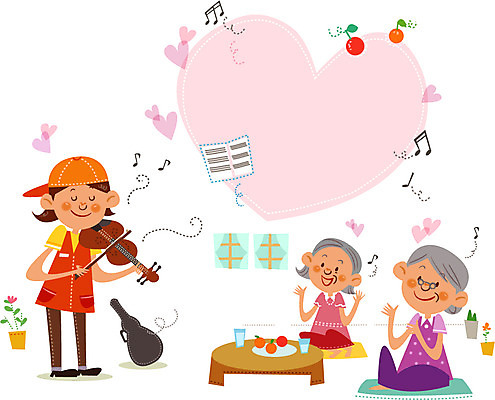 여자 노년 행복 악기 연주 일러스트 프레임 함께함 실내 사람 성인 세명 하트 봉사 도움 자원봉사자 바이올린 요양원 다과 여자만 성인여자만 노인만 성인만 노인여자만 국내일러스트 AI파일 모양 감정 음악 컨셉 현악기 디저트 내부 파일형식 벡터