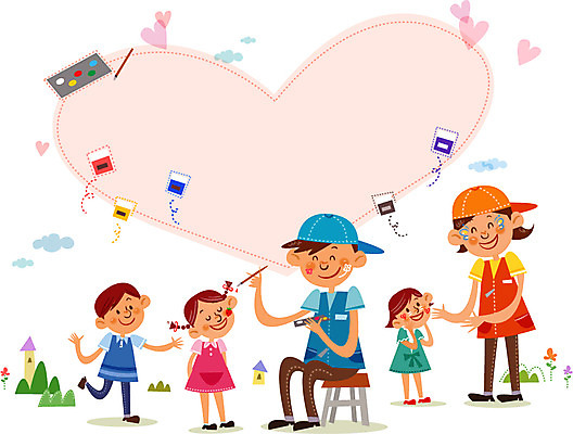 주간 구름 여자 남자 행복 어린이 일러스트 프레임 함께함 사람 여러명 성인 야외 하트 봉사 도움 자원봉사자 페이스페인팅 국내일러스트 AI파일 자연요소 모양 감정 다수 컨셉 파일형식 벡터