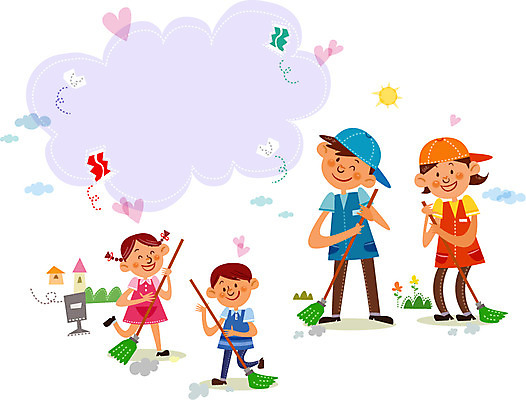 주간 구름 여자 남자 행복 어린이 일러스트 프레임 함께함 사람 여러명 성인 야외 봉사 도움 자원봉사자 빗자루 청소 국내일러스트 AI파일 자연요소 감정 다수 컨셉 청소도구 파일형식 벡터