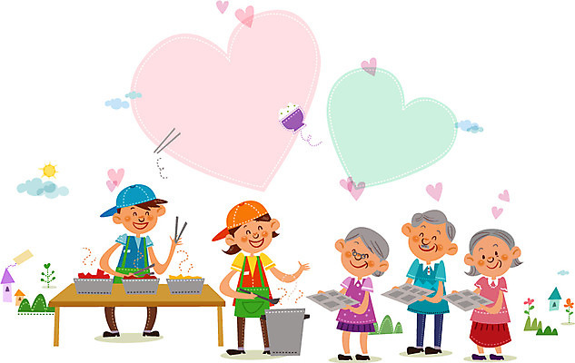 주간 구름 여자 노년 남자 행복 음식 일러스트 프레임 함께함 사람 여러명 성인 야외 식사 하트 봉사 도움 자원봉사자 식판 급식 무료급식 노인만 성인만 국내일러스트 AI파일 자연요소 모양 감정 다수 컨셉 파일형식 벡터