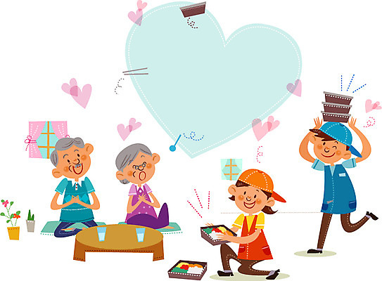 여자 노년 남자 행복 음식 일러스트 창문 밥 프레임 함께함 실내 사랑 사람 여러명 성인 하트 봉사 도움 자원봉사자 밥상 배송 도시락 노인만 성인만 음식배달 국내일러스트 AI파일 모양 감정 다수 컨셉 탁자 내부 파일형식 벡터