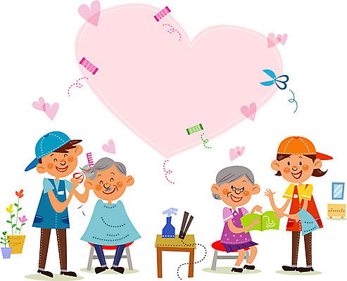 여자 노년 남자 행복 일러스트 프레임 가위 함께함 실내 사람 여러명 성인 뷰티 하트 머리빗 봉사 도움 자원봉사자 미용실 롤 노인만 성인만 국내일러스트 AI파일 모양 감정 다수 컨셉 문구용품 내부 미용용품 뷰티샵 파일형식 벡터