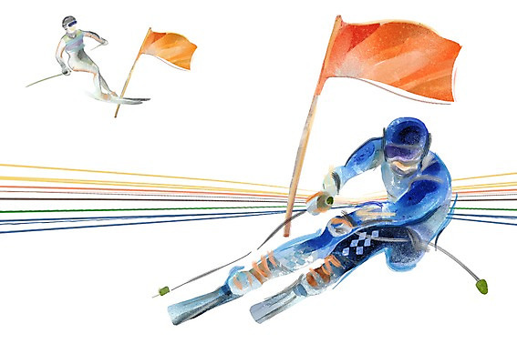 전신 PSD 계절 남자 겨울 일러스트 스키 겨울스포츠 동계올림픽 사람 두명 깃발 자신감 열정 폴 알파인 알파인스키 남자만 국내일러스트 감정 스포츠 올림픽 스키용품 파일형식