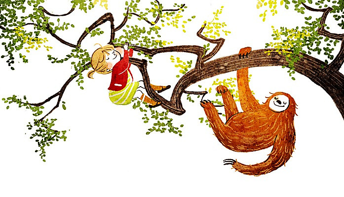 전신 PSD 나무 동물 한마리 여자 어린이 일러스트 나뭇잎 매달리기 한명 사람 소녀 나뭇가지 나무늘보 여자만 여자한명만 어린이만 소녀만 소녀한명만 국내일러스트 식물 1 잎 모션 파일형식