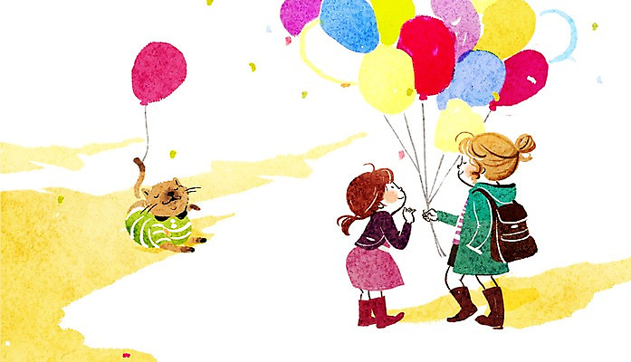 전신 PSD 동물 한마리 여자 어린이 일러스트 서기 들기 사람 소녀 두명 고양이 풍선 여자만 어린이만 소녀만 국내일러스트 1 포유류 모션 반려동물 파일형식