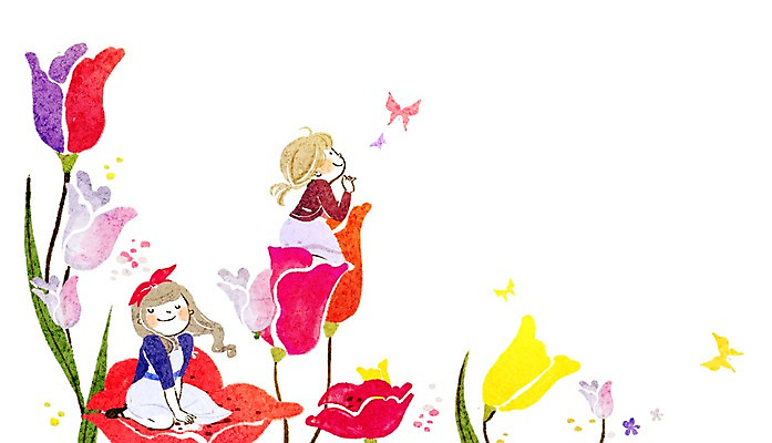 전신 PSD 여자 꽃 어린이 나비 일러스트 사람 앉기 소녀 상반신 두명 튤립 여자만 어린이만 소녀만 국내일러스트 식물 곤충 모션 파일형식