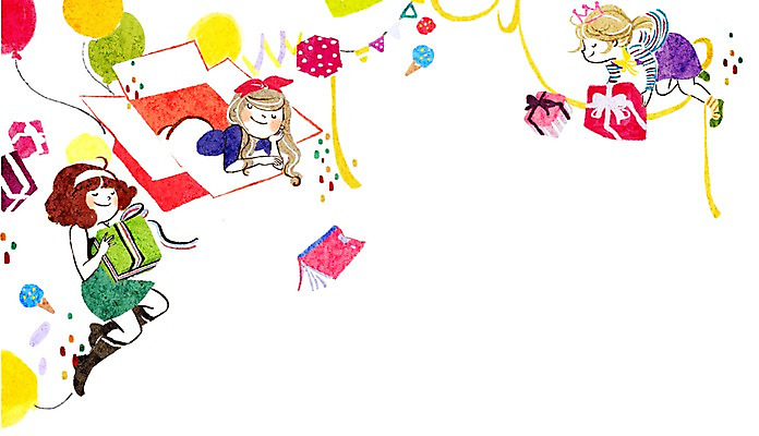 전신 PSD 여자 어린이 일러스트 선물 사람 앉기 소녀 책 세명 선물상자 풍선 여자만 어린이만 소녀만 국내일러스트 모션 상자 파일형식