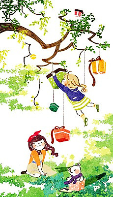 주간 전신 PSD 여자 어린이 인형 일러스트 나뭇잎 선물 사람 앉기 소녀 야외 두명 선물상자 나뭇가지 여자만 어린이만 소녀만 국내일러스트 자연요소 나무 잎 모션 상자 파일형식