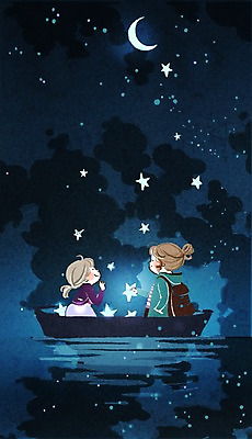 PSD 여자 별 어린이 일러스트 상상 밤하늘 사람 앉기 상반신 야외 두명 물 달 야간 선박 여자만 어린이만 소녀만 국내일러스트 자연요소 수상교통 모션 하늘 파일형식