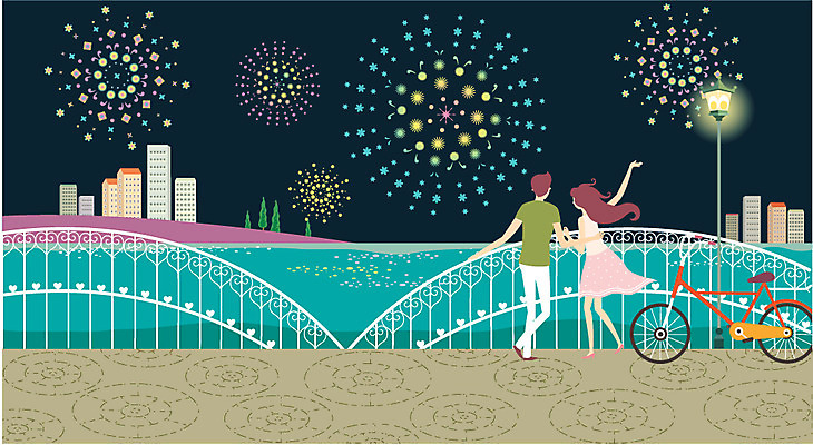 커플 여자 남자 가로등 데이트 일러스트 휴식 불꽃놀이 사람 동양인 성인 야외 두명 건물 자전거 산책 로맨틱 야간 강가 자전거길 가교 성인만 국내일러스트 AI파일 자연요소 건축물 공공시설 길 컨셉 관계 놀이 인종 강 바이크 파일형식 벡터