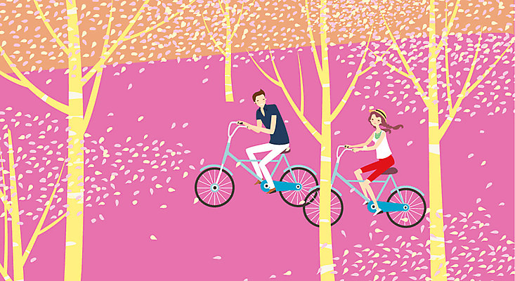 주간 나무 커플 여자 남자 데이트 일러스트 자연 휴식 사람 동양인 성인 야외 두명 운동 자전거 산책 로맨틱 자전거길 성인만 국내일러스트 AI파일 자연요소 식물 길 컨셉 관계 건강 인종 바이크 생태계 파일형식 벡터