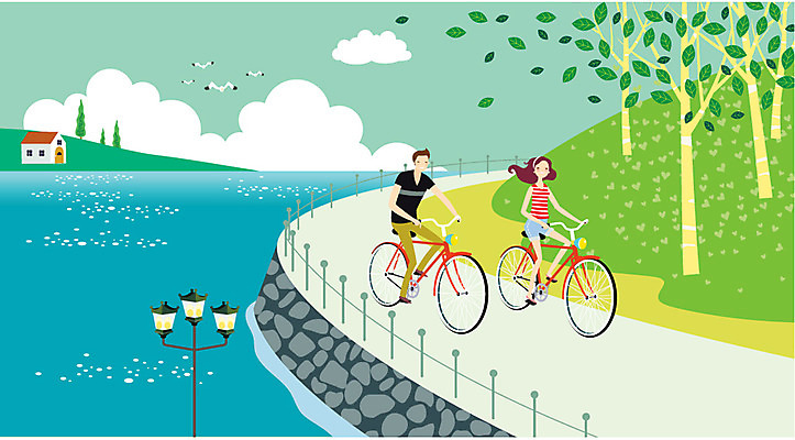 주간 나무 구름 커플 여자 남자 가로등 데이트 일러스트 자연 휴식 사람 동양인 성인 야외 두명 운동 자전거 산책 로맨틱 강가 자전거길 성인만 국내일러스트 AI파일 자연요소 식물 공공시설 길 컨셉 관계 건강 인종 강 바이크 생태계 파일형식 벡터