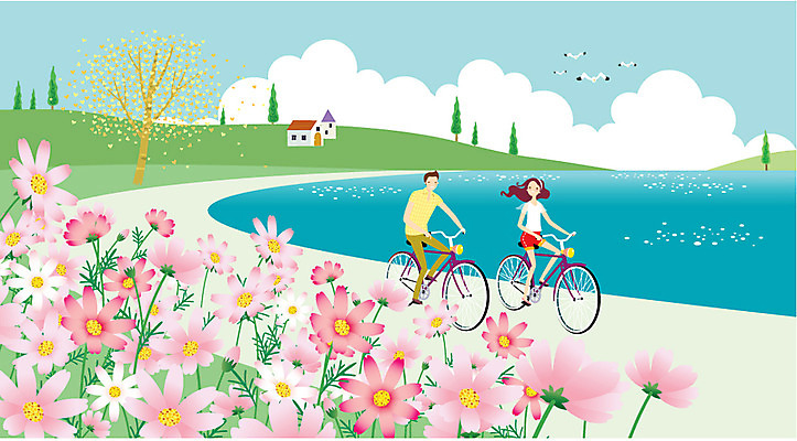 주간 나무 구름 커플 여자 남자 데이트 일러스트 자연 휴식 사람 동양인 성인 야외 두명 운동 자전거 산책 로맨틱 강가 코스모스 자전거길 성인만 국내일러스트 AI파일 자연요소 식물 꽃 길 컨셉 관계 건강 인종 강 바이크 생태계 파일형식 벡터