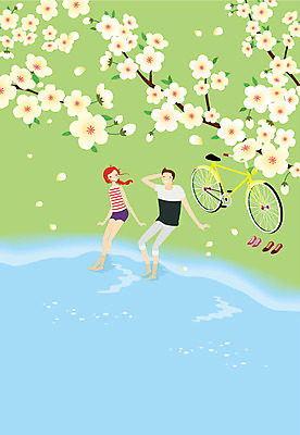 주간 커플 여자 남자 데이트 일러스트 휴식 사람 동양인 성인 야외 두명 자전거 봄 산책 로맨틱 벚꽃 개울 자전거길 성인만 국내일러스트 AI파일 자연요소 계절 꽃 길 컨셉 관계 인종 강 바이크 파일형식 벡터
