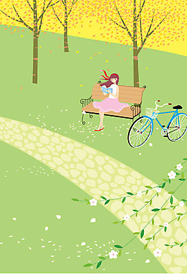 주간 나무 공원 여자 벤치 일러스트 휴식 한명 사람 동양인 성인 야외 독서 자전거 산책 자전거길 여자만 여자한명만 성인여자만 성인만 국내일러스트 AI파일 자연요소 식물 1 공공시설 길 컨셉 의자 인종 바이크 파일형식 벡터