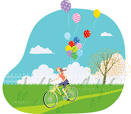 주간 나무 구름 여자 일러스트 하늘 휴식 한명 사람 동양인 성인 야외 운동 자전거 산책 풍선 자전거길 여자만 여자한명만 성인여자만 성인만 국내일러스트 AI파일 자연요소 식물 1 길 컨셉 건강 인종 바이크 파일형식 벡터