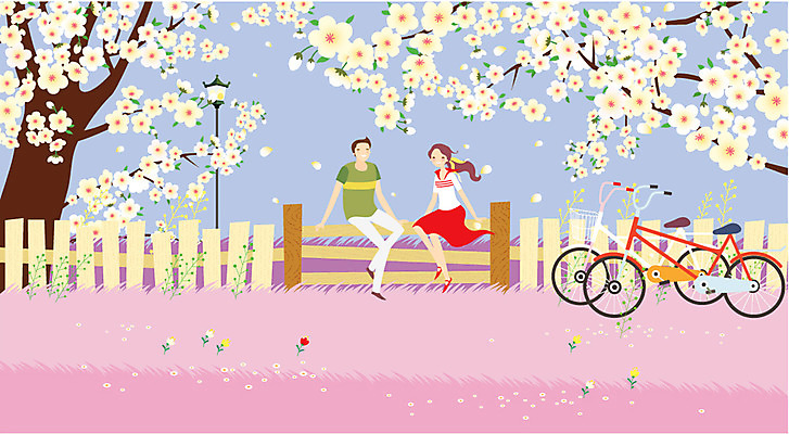 주간 구름 커플 여자 남자 꽃 데이트 일러스트 자연 휴식 사랑 사람 동양인 야외 두명 울타리 자전거 봄 산책 로맨틱 벚꽃 자전거길 국내일러스트 AI파일 자연요소 식물 계절 감정 길 컨셉 관계 인종 담장 바이크 생태계 파일형식 벡터