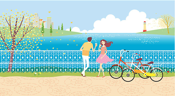 주간 나무 구름 커플 여자 남자 여유 커피 데이트 일러스트 하늘 바람 휴식 사람 동양인 야외 두명 자전거 산책 로맨틱 강가 자전거길 국내일러스트 AI파일 자연요소 식물 감정 길 음료 컨셉 관계 날씨 인종 강 바이크 파일형식 벡터