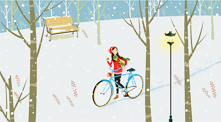 주간 나무 여자 겨울 가로등 벤치 일러스트 자연 휴식 한명 사람 동양인 성인 야외 자전거 산책 눈 자전거길 여자만 여자한명만 성인여자만 성인만 국내일러스트 AI파일 자연요소 식물 1 계절 공공시설 길 컨셉 의자 날씨 인종 바이크 생태계 파일형식 벡터