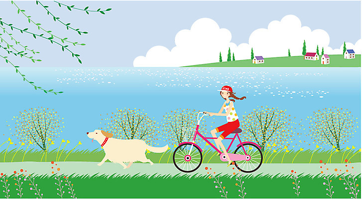 주간 나무 구름 한마리 여자 일러스트 바람 휴식 한명 사람 동양인 성인 야외 운동 자전거 산책 개 강가 자전거길 여자만 여자한명만 성인여자만 성인만 국내일러스트 AI파일 자연요소 식물 1 길 컨셉 포유류 날씨 건강 인종 강 바이크 파일형식 벡터