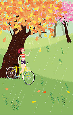 주간 나무 여자 일러스트 휴식 나뭇잎 한명 사람 동양인 성인 야외 자전거 산책 비 자전거길 여자만 여자한명만 성인여자만 성인만 국내일러스트 AI파일 자연요소 식물 1 길 컨셉 잎 날씨 인종 바이크 파일형식 벡터