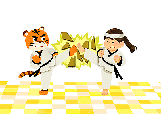 PSD 동물 여자 어린이 일러스트 함께함 도복 한명 사람 운동 호랑이 킥 태권도 소통 격파 합판 여자만 여자한명만 어린이만 소녀만 소녀한명만 국내일러스트 1 옷 컨셉 포유류 모션 건강 격투기 파일형식