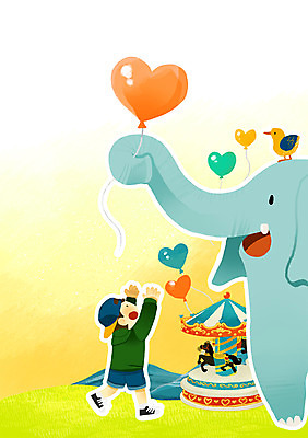 PSD 동물 남자 어린이 일러스트 조류 코끼리 함께함 한명 사람 놀이공원 하트 풍선 회전목마 소통 남자만 남자한명만 어린이만 소년만 소년한명만 국내일러스트 모양 1 컨셉 포유류 테마파크 놀이기구 파일형식