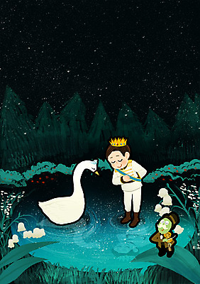 PSD 동물 남자 호수 어린이 악기 음악 연주 일러스트 밤하늘 왕관 함께함 한명 사람 야외 물 춤 수면 야간 숲속 숲 발레 바이올린 백조 소통 공주님 베짱이 왕자 남자만 남자한명만 어린이만 소년만 소년한명만 국내일러스트 자연요소 1 컨셉 조류 하늘 현악기 문화예술 파일형식