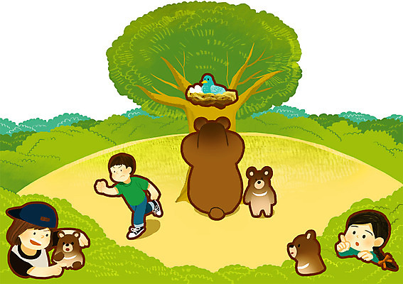 주간 PSD 동물 여자 남자 어린이 새끼 여러마리 일러스트 곰 놀이 조류 함께함 사람 야외 세명 알 둥지 숲 소통 술래 숨바꼭질 어린이만 국내일러스트 자연요소 다수 컨셉 포유류 파일형식