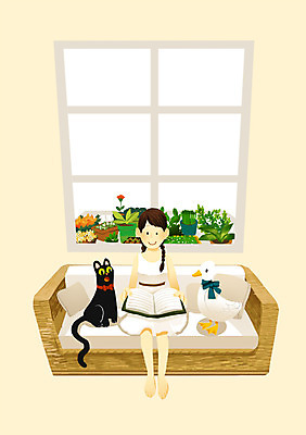 PSD 식물 동물 여자 화분 어린이 거실 일러스트 창문 집안 오리 함께함 한명 사람 책 소파 독서 고양이 발코니 소통 여자만 여자한명만 어린이만 소녀만 소녀한명만 국내일러스트 1 컨셉 의자 포유류 조류 실내 반려동물 파일형식
