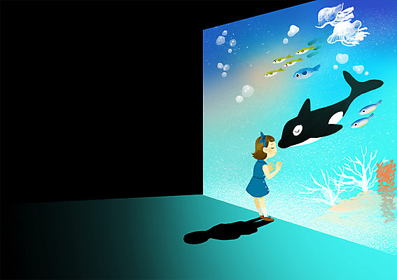 PSD 동물 여자 어린이 일러스트 키스 함께함 어류 한명 사람 돌고래 수족관 아쿠아리움 소통 여자만 여자한명만 어린이만 소녀만 소녀한명만 국내일러스트 1 컨셉 포유류 수중동물 애정표현 파일형식