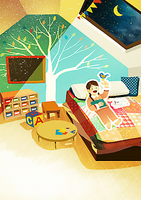 PSD 동물 여자 어린이 일러스트 창문 조류 밤하늘 집안 함께함 한명 사람 이불 달 침대 개 강아지 달빛 동화책 소통 다락방 여자만 여자한명만 어린이만 소녀만 소녀한명만 국내일러스트 자연요소 1 가구 컨셉 포유류 침구 하늘 실내 책 반려동물 야간 파일형식