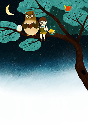 PSD 나무 동물 남자 어린이 두마리 일러스트 함께함 한명 사람 야외 책 독서 달 사과 야간 부엉이 애벌레 올빼미 소통 남자만 남자한명만 어린이만 소년만 소년한명만 국내일러스트 자연요소 식물 1 컨셉 2 과일 조류 벌레 파일형식