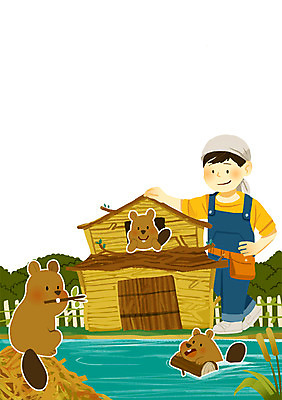 주간 PSD 동물 남자 어린이 일러스트 주택 함께함 한명 사람 야외 물 강 나뭇가지 목수 소통 비버 남자만 남자한명만 어린이만 소년만 소년한명만 국내일러스트 자연요소 나무 직업 1 컨셉 건물 파일형식