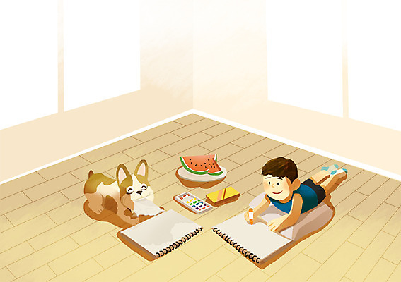 PSD 동물 남자 어린이 과일 일러스트 집안 수박 함께함 한명 사람 마루 그리기 개 강아지 스케치북 그림 크레파스 소통 남자만 남자한명만 어린이만 소년만 소년한명만 국내일러스트 1 컨셉 포유류 모션 학용품 바닥 실내 반려동물 파일형식