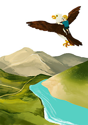 주간 PSD 동물 한마리 남자 어린이 일러스트 산 함께함 한명 사람 풍경 야외 강 비행 독수리 소통 남자만 남자한명만 어린이만 소년만 소년한명만 국내일러스트 자연요소 1 컨셉 조류 파일형식